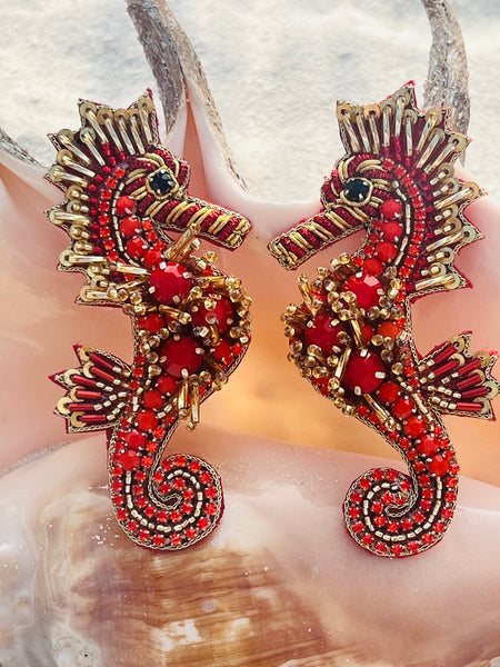 Ohrringe Seepferd rot & gold