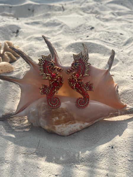 Ohrringe Seepferd rot & gold