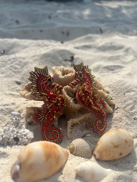 Ohrringe Seepferd rot & gold