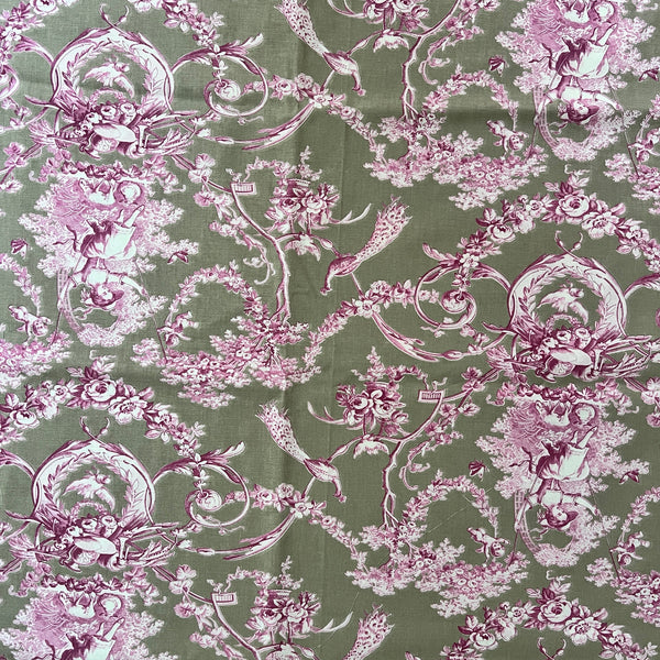 eleganter Toil de Jouy Baumwolle Stoff grün pink rosa