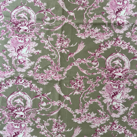 eleganter Toil de Jouy Baumwolle Stoff grün pink rosa